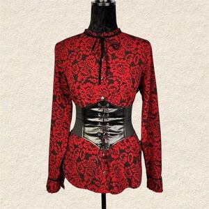 Tommy Hilfiger Vampy Gothic Red and Black Ruffle Floral Long Sleeve Blouse